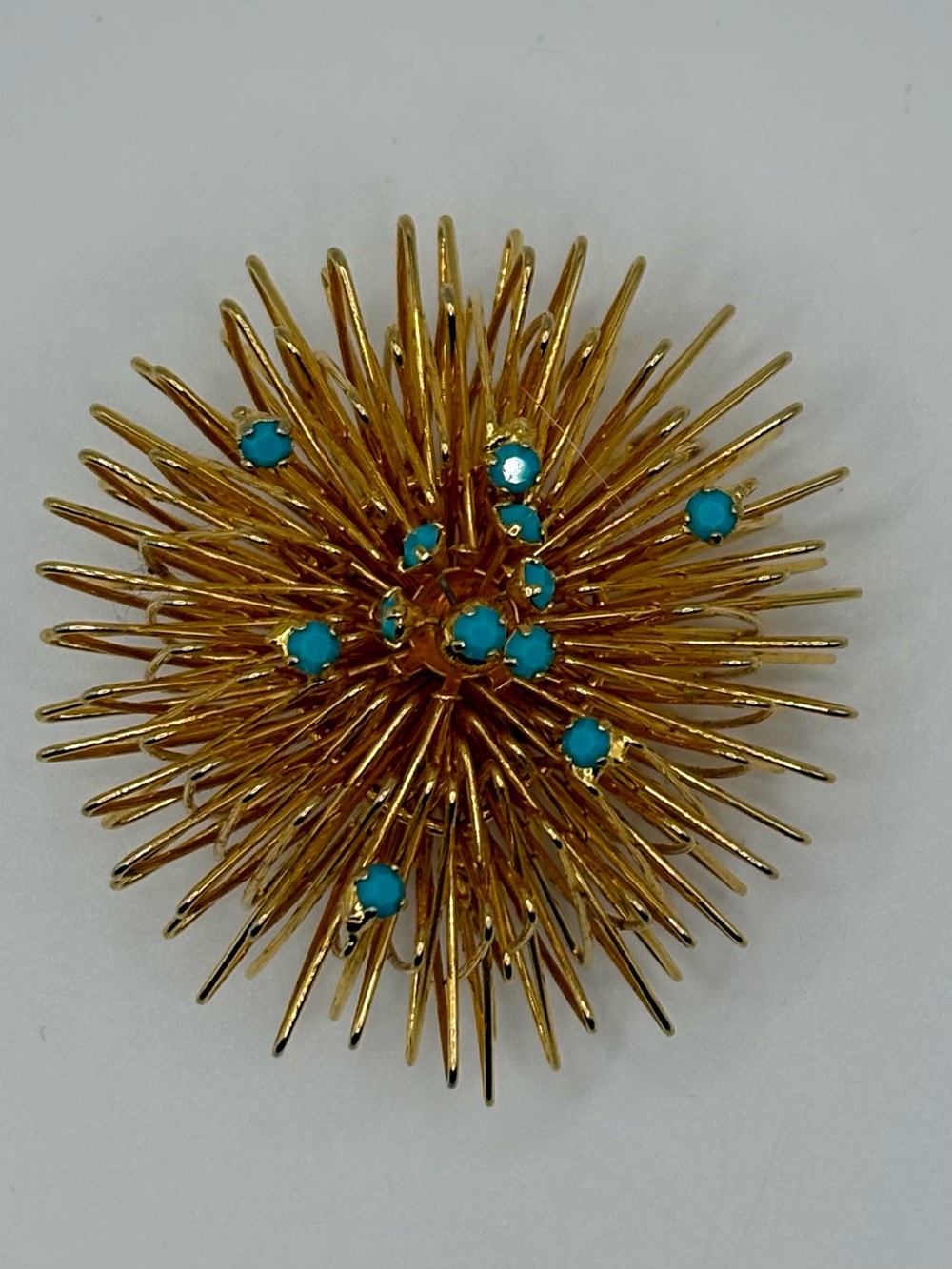 Vintage MCM Atomic Starburst Brooch Gold Tone Turquoise Blue Cabochons 2”